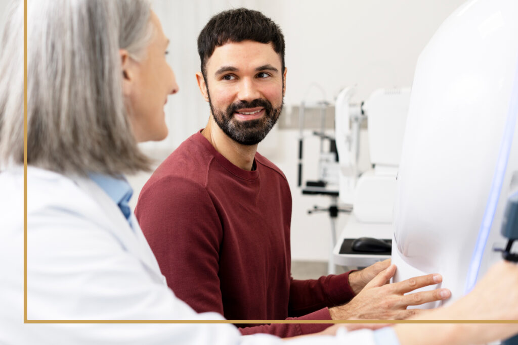 A man smiling while talking to an optometrist during an eye exam, with diagnostic equipment visible in the background.